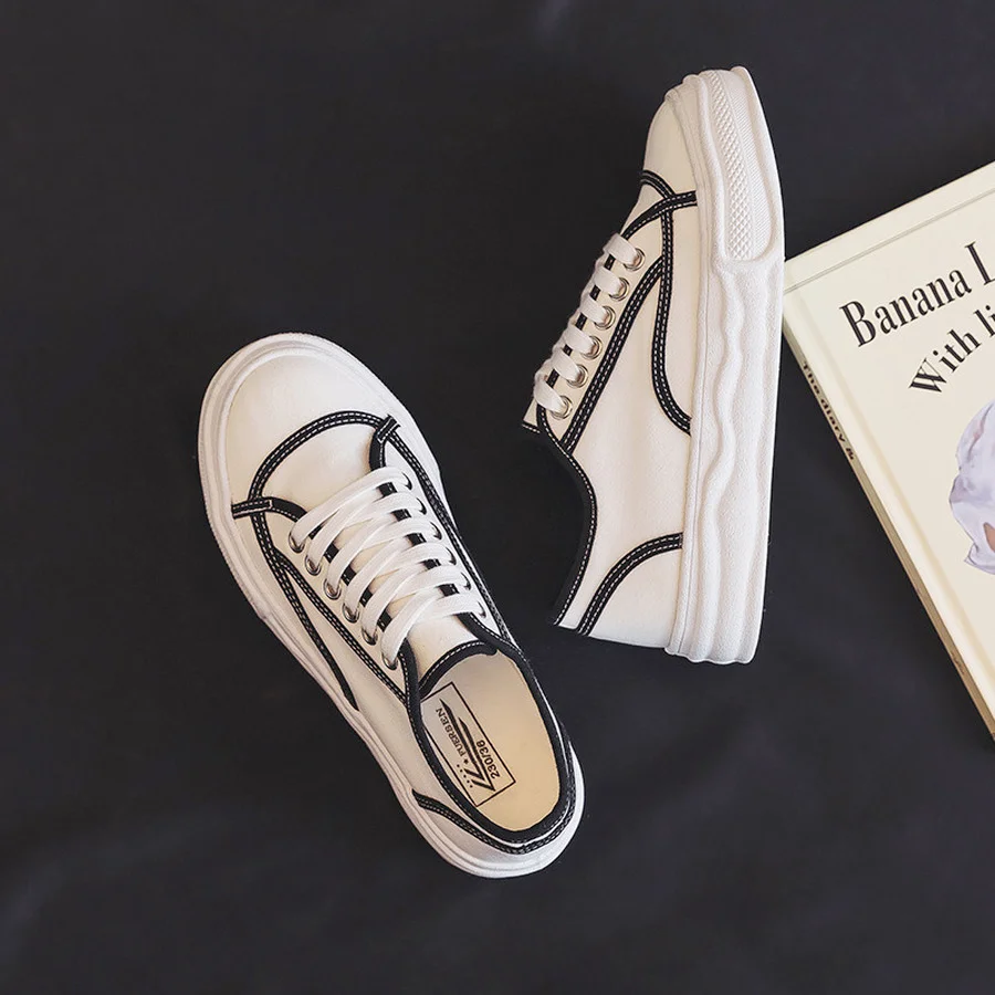 

2021 Spring and Autumn Students Round-toe Color-blocking Canvas Shoes, Comfortable and Versatile Lace-up Non-slip Casual Shoes