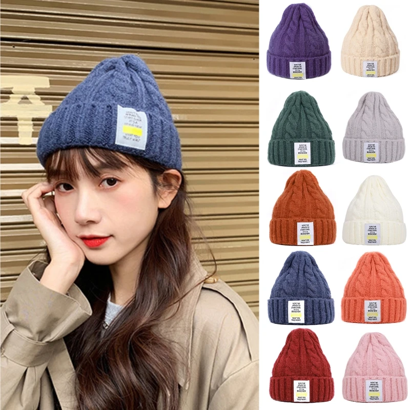 

Unisex Winter Chunky Cable Knit Beanie Cap Solid Color Letters Label Skull Hat
