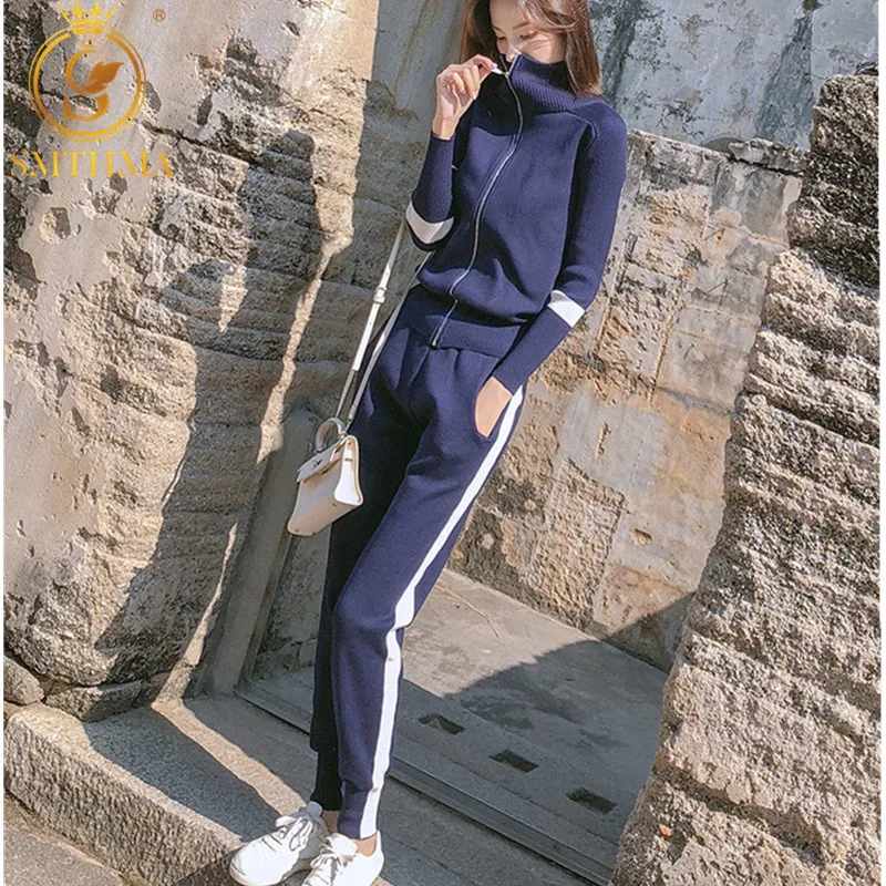 

SMTHMA High Quality Autumn And Winter Zipper knitting Jacket + Women Elastic waist Casual Track Suits Knitting 2pcs Pants Sets