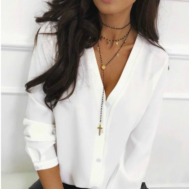 Для женщин осень Повседневное V образным вырезом свободные блузки и топы для девочек, детские комплекты пикантные однотонные длинный рукав OL рубашки с короткими рукавами Новые Модные Элегантные Топы