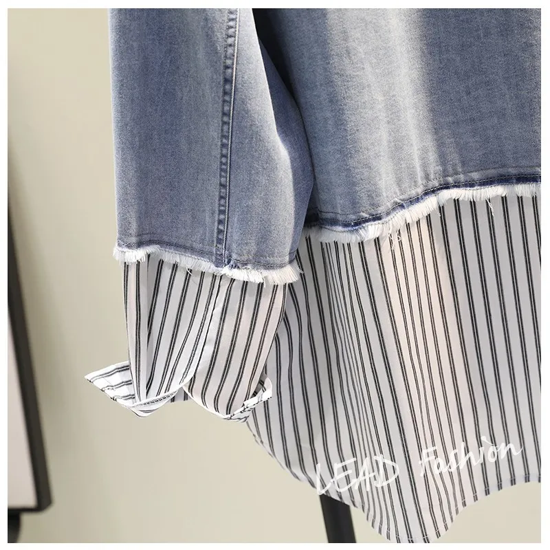 ZURICHOUSE Casual Blouses Women Long Sleeve Loose Fit Spring Summer Fashion Fake Two Pieces Patchwork Denim Striped Shirt Female images - 6