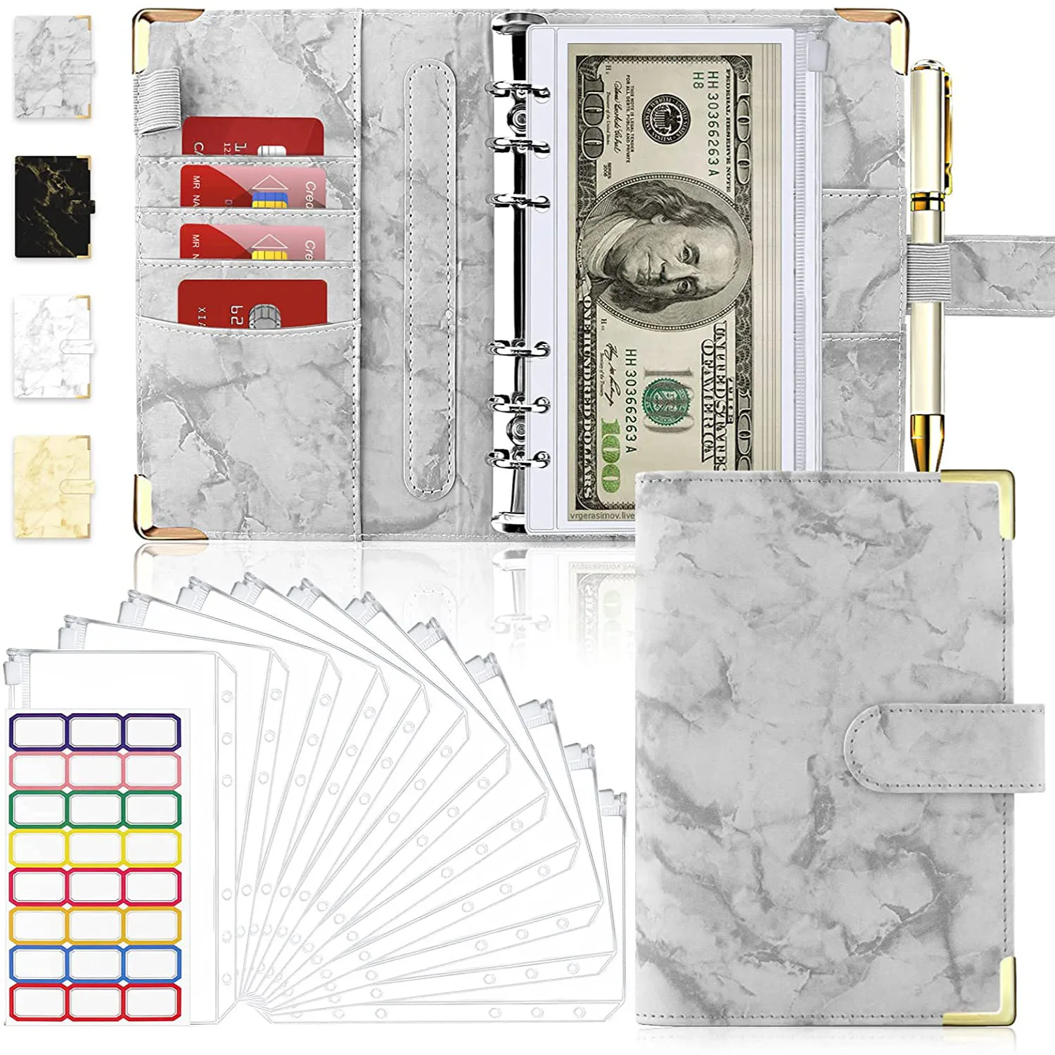 A6 PU Leather Marble Notebook Binder Budget Planner Money Organizer for Cash Savings with 12 Zipper Envelope Pockets & Stickers