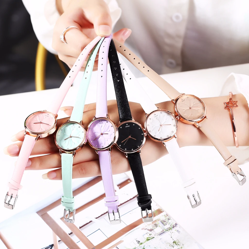 Часы женские кварцевые аналоговые с цветком и кожаным ремешком 2019|Женские