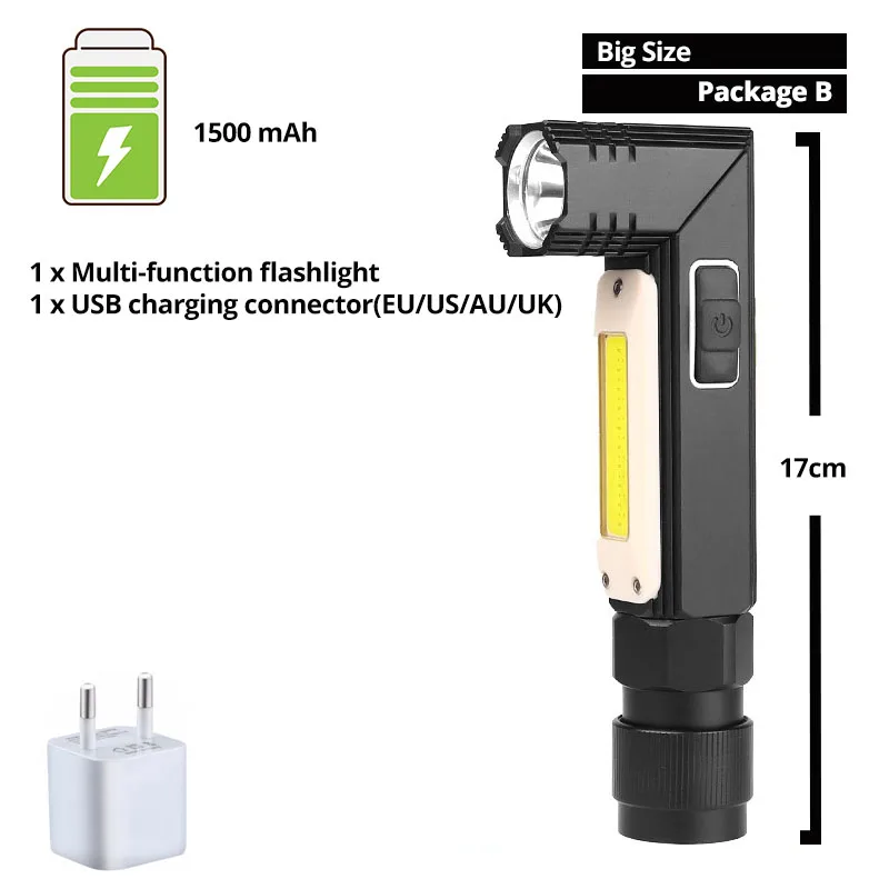 Package B-Big size Многофункциональный светодиодный фонарик 5 Режим освещения USB перезаряжаемая Рабочая лампа Регулируемая лампа передние и задние сильные Магнитный факел - Испускаемый цвет: Package B-Big size