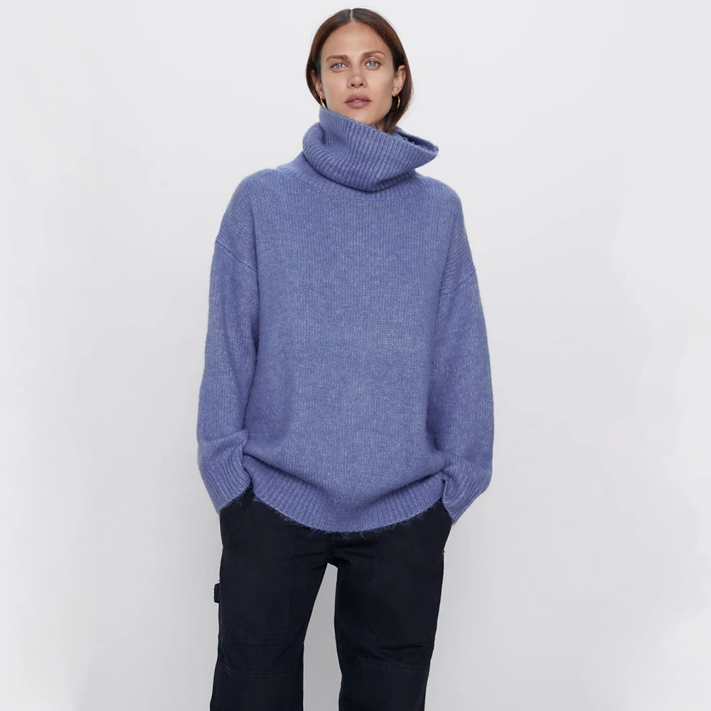 ZA 2019 Women's Sweater Loose High Collar Layered long Sleeve Pullover Blue Pink Gray Wild Outside | Женская одежда
