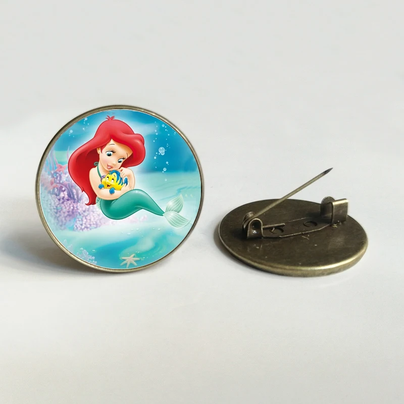 Fashion Anime The Little Mermaid Ariel Round Badge Princess &amp Prince Photo Glass Gem Brooch for Girls Kids Jewelry | Украшения и