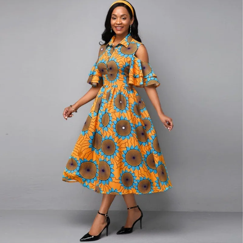 

Women's Dress With Lapel and Lotus Sleeve Print Off Shoulder and Hollow Out