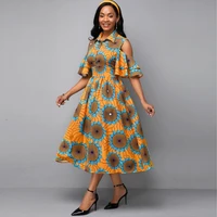 womens dress with lapel and lotus sleeve print off shoulder and hollow out