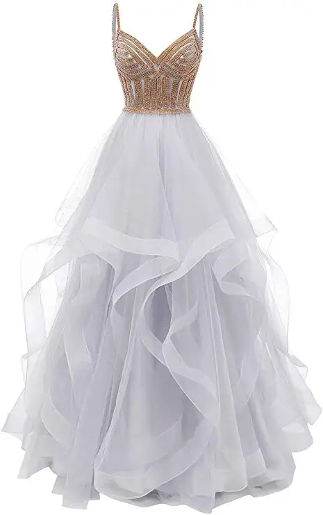 Серебристый Vkbridal цвета шампанского золото Многоуровневое Тюлевое вечернее платье Длинные бальные платья кристаллы на шнуровке длинное формальное выпускное платье ремни - Цвет: Серебристый