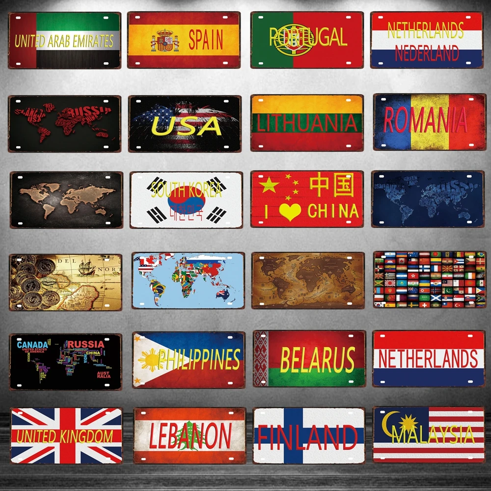 

30X15CM National Flag Travel souvenir Tin Metal Sign World Map License Plate Wall Poster Pub Shop Home Art Craft Decor DC-0212A