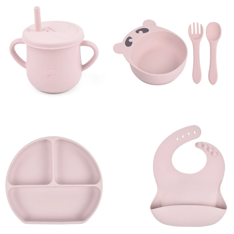 

GXMB 6 Pcs Baby Silicone Bib Divided Dinner Plate Sucker Bowl Spoon Fork Straw Cup Set Training Feeding Food Utensil Dishes Kit