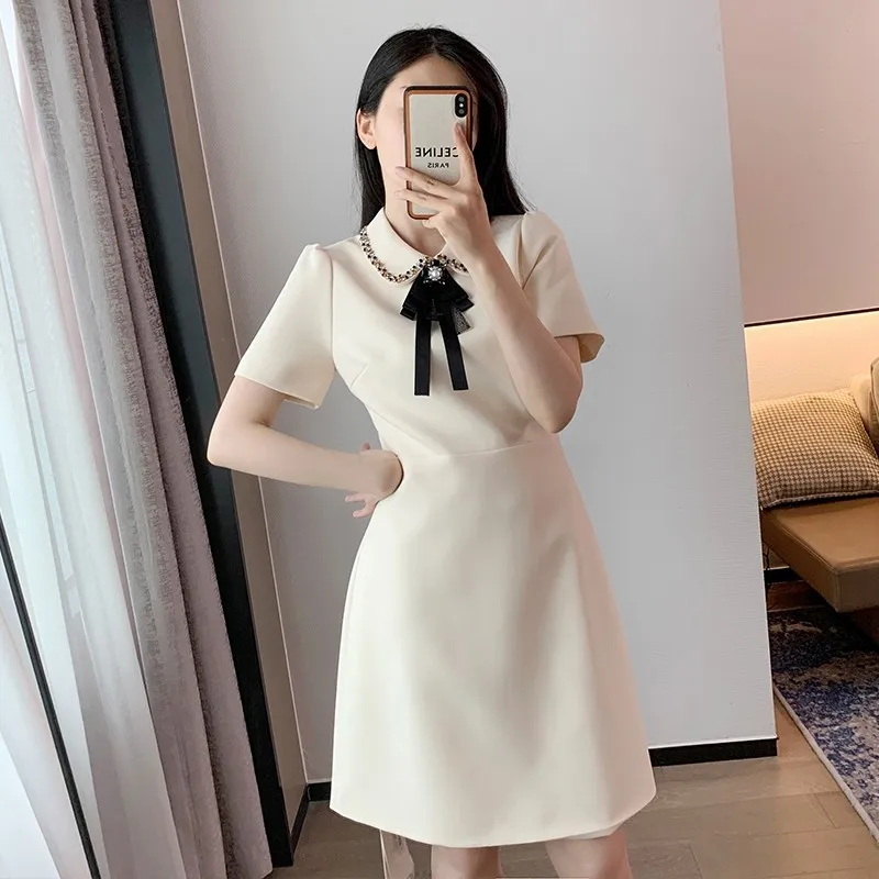 

Runway Designer Summer Fashion Office Lady Peter Pan Collar Short Dress Women's Short Sleeve Beaded Diamond Slim A Line Dresses