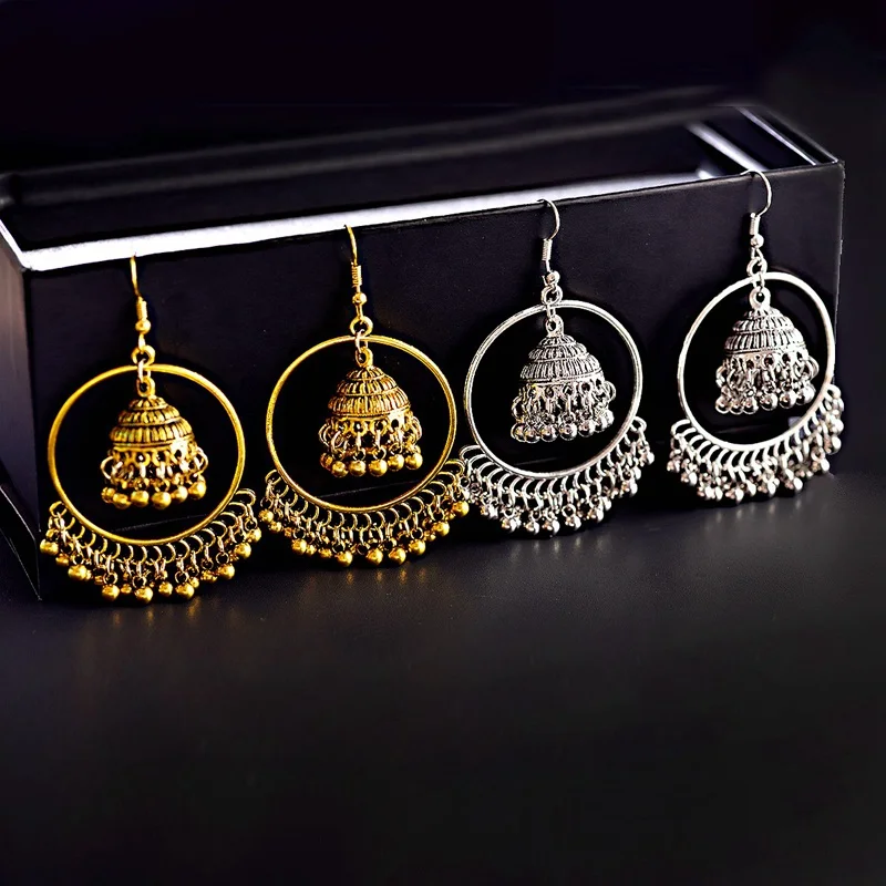 Indian Jhumka Jewelry Gold Sliver Small Bells Drop Tassel Earrings Women Girls Boho Ethnic Big Round Circle Dangling Earring