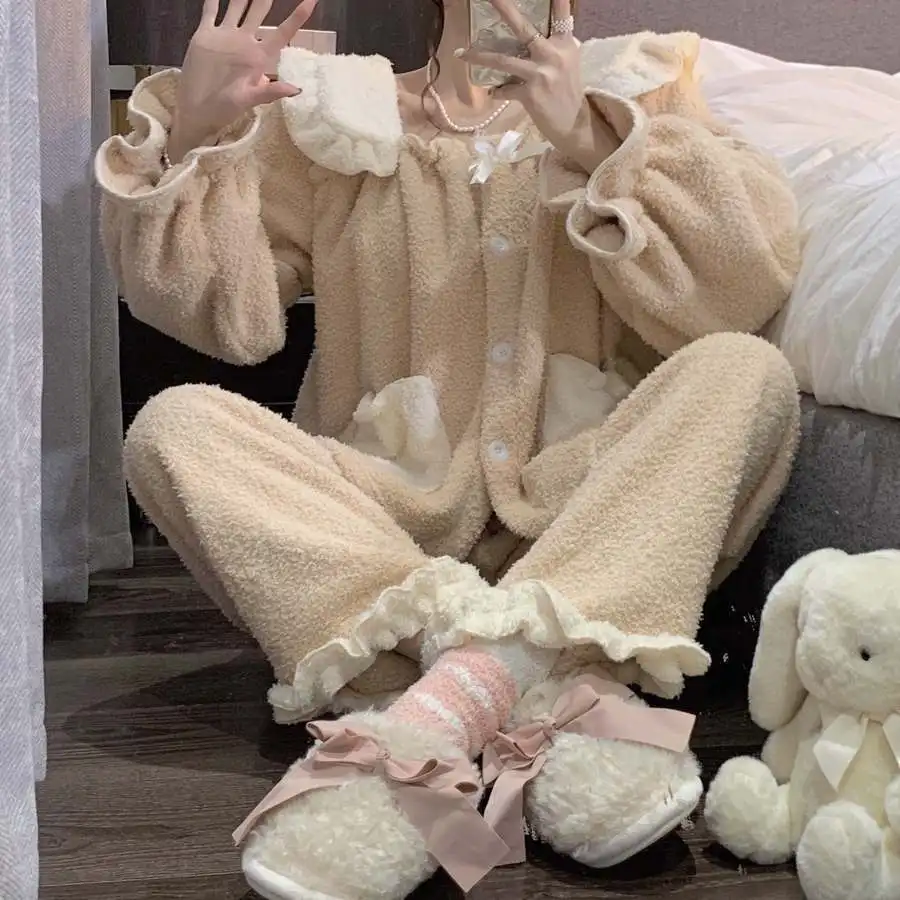 Sweet Plush Pajamas Winter Women's New Ruffled Sweet Princess Home Clothes Two-piece Set  Pajamas for Teen Girls