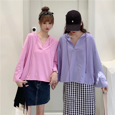 

Solid 2 Colors 3 Sizes All Match Fashion Basic Long Sleeve Hooded Women Top T-shirt Tee Female Women Tees