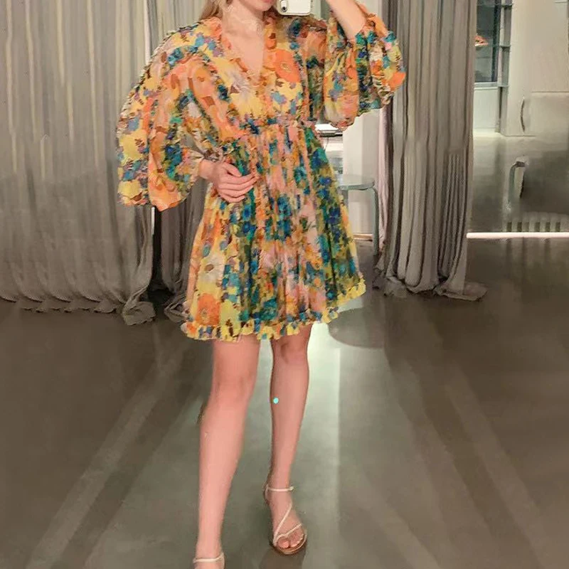 

SHENGPALAE Elegant Printed Beach Derss Women's Summer 2021 New V-neck Loose Thin Waist Long Sleeve Mini Dresses Female 5E2160