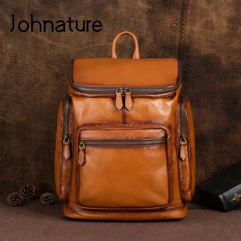 Johnature Vintage Genuine Leather Men Backpack Large Capacity Outdoor Travel Bags Natural Soft Cowhide Fashion Laptop Backpacks