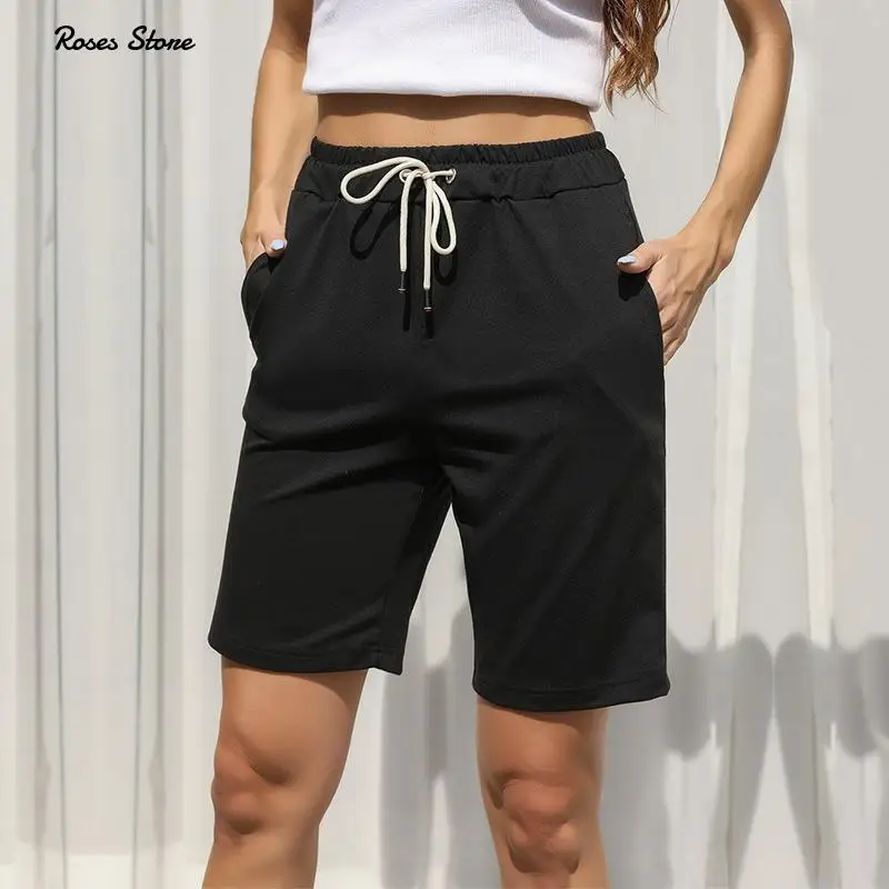 

Black Summer Bermuda for Women Female Casual Sport Long Shorts Pants Elastic Waist Drawstring Pockets Fashion Streetwear Lounge