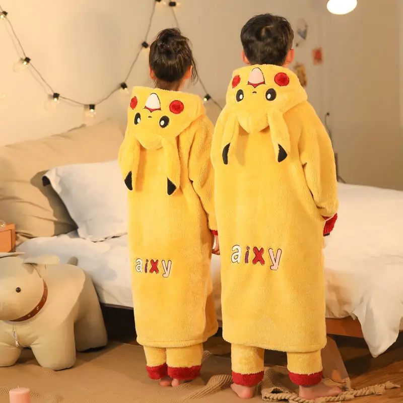 

Pokemon Pikachu Nightgown Autumn Winter Thickened Coral Velvet Pajamas Children's Cartoon Parent-child suit Flannel Bathrobe