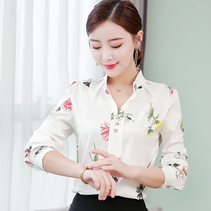 

Fashion 2021 Floral Print Blouse Shirt Women Long Sleeved Stand Collar Flower Casual Tops and Blouses Office Work Shirts Female