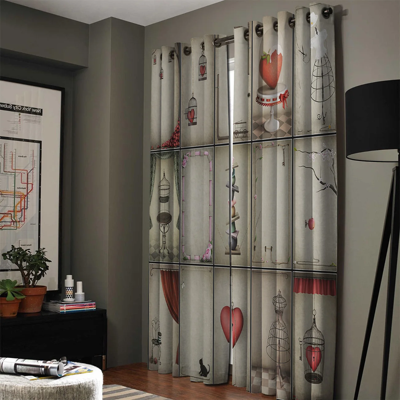 Открытка на день Святого Валентина занавески окна в форме сердца Живописные