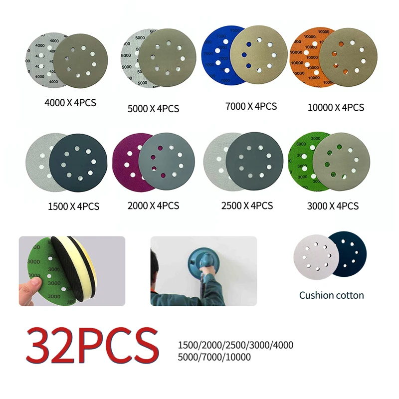 

32pcs Wet Dry Sand Papers Hook Loop Discs 5 Inch 8 Hole Sandpaper 1500-10000 Grit Sanding Discs 2pcs Soft Buffer Interface Pads