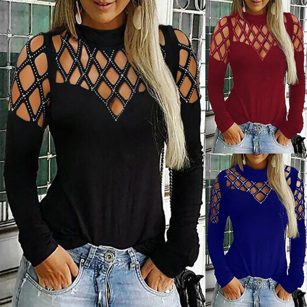 

Autumn Fashion Rhinestone Hollow Out Blouse Ladies Casual Sexy Basic Tee Tops Female Women's Long Sleeve Shirt Blusas Pullover