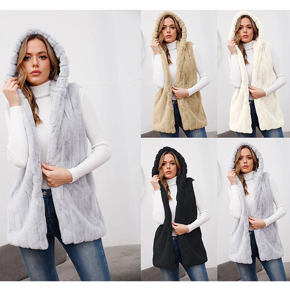 Новинка 2021, модный жилет с капюшоном, женское демисезонное пальто из искусственного меха, женское повседневное элегантное пальто из искусс...