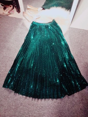 

New summer of 2018 long heavy sequins pleated skirt pendulum high waist skirt female female winter sweet
