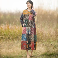 new spring autumn women cotton linen printing patchwork long dress chinese style retro long sleeve robe