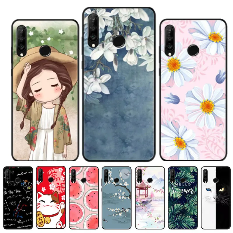 Силиконовый чехол для Huawei P30 Lite телефона с цветочным рисунком мягкий черный из