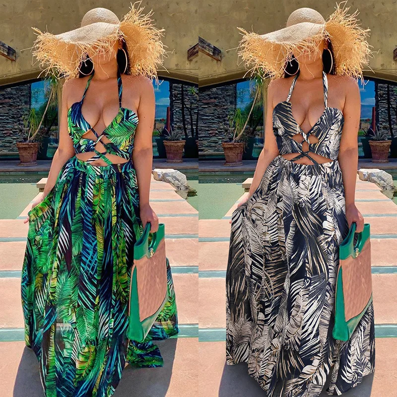 

Yg brand women's 2021 summer new retro printed Bohemian long sexy open back bra neck dress