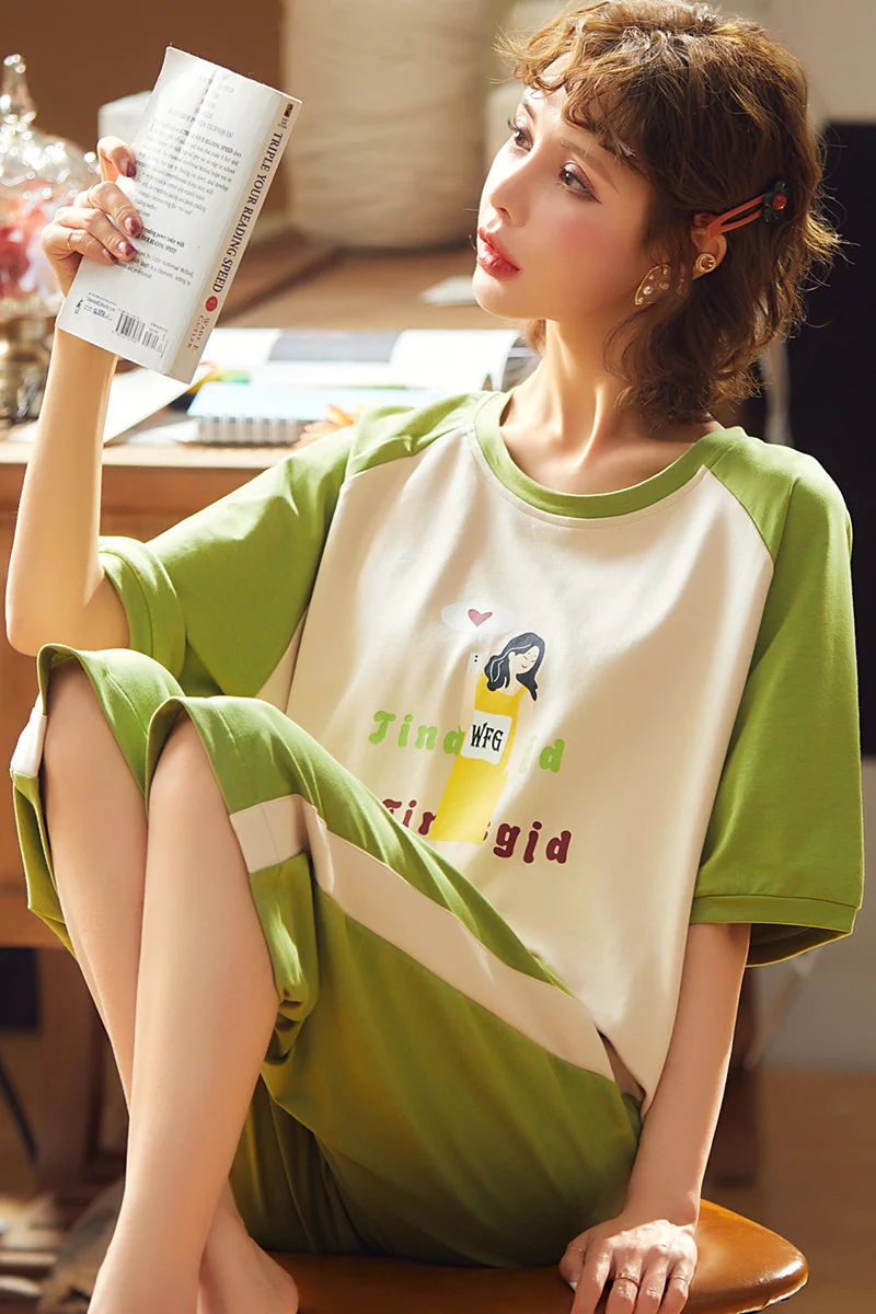 

Plus Size Outdoor Homewear Cartoon Little Girl Cute Sleepwear Summer Fashion Green Patchwork Short Sleeve Women's Cotton Pajamas