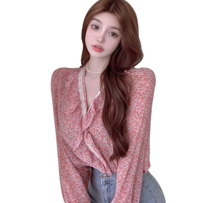 

Блузка женская кружевная шифоновая с длинным рукавом, тонкая, в Корейском стиле