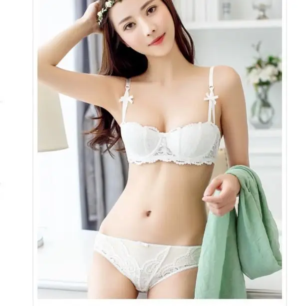

Half cup gathered sexy lace adjustable top care underwear set small chest thin non sponge anti sagging bra