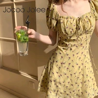jocoo jolee vintage floral print yellow dress summer high waist short sleeve slim women dresses cotton mini holiday outwear