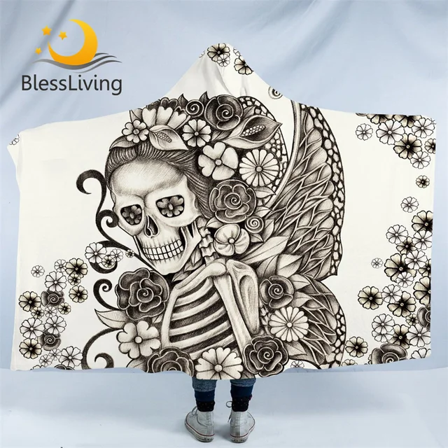 BlessLiving Gothic Skull Hooded Blanket Super Soft Retro Butterfly Rose Blanket Black and White Skeleton Sherpa Fleece Blanket 1