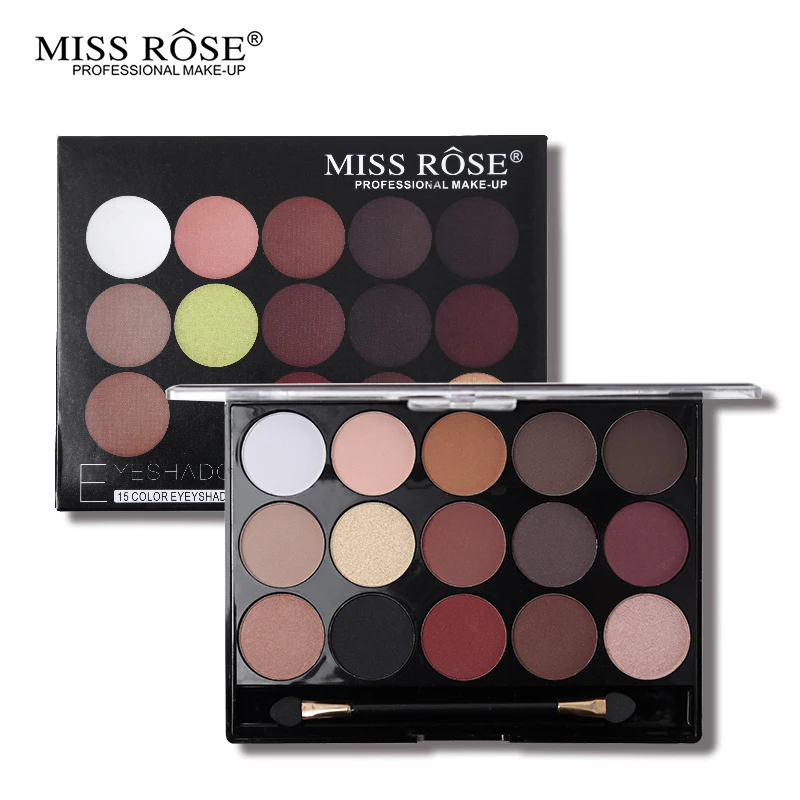 Палитра теней для век Miss Rose 15 цветов матовые мерцающие с бриллиантами |