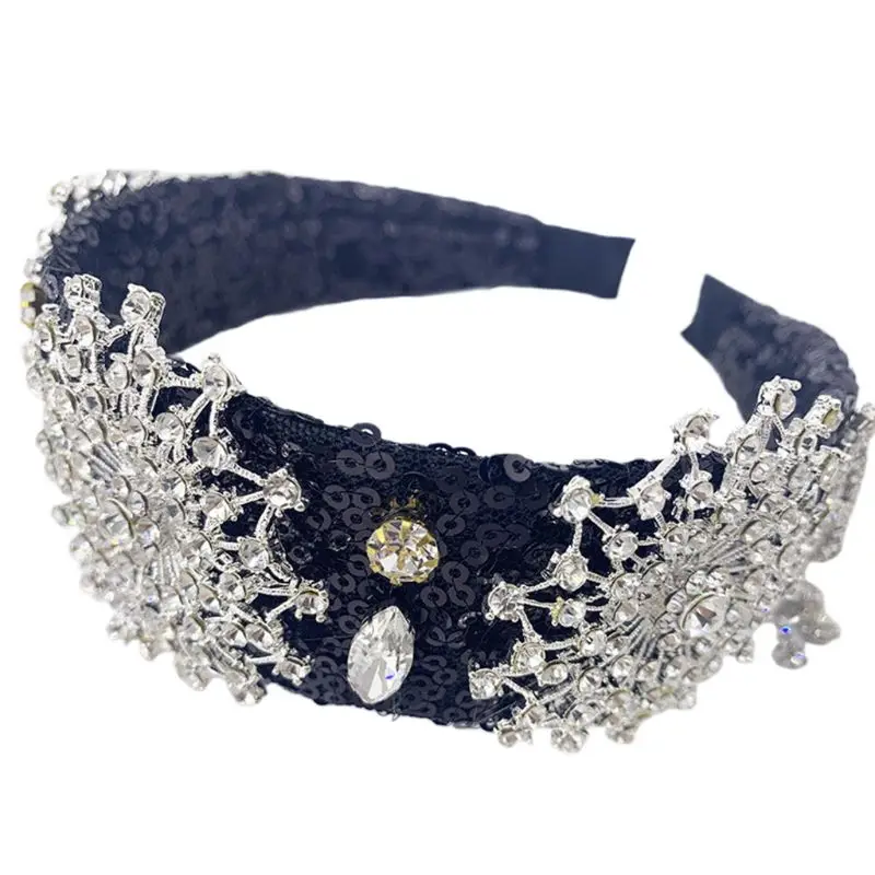 

Baroque Ladies Luxury Jewelry Wide Headband Mesh Lace Sequins Hair Hoop Faux Crystal Rhinestone Metal Floral Bandana