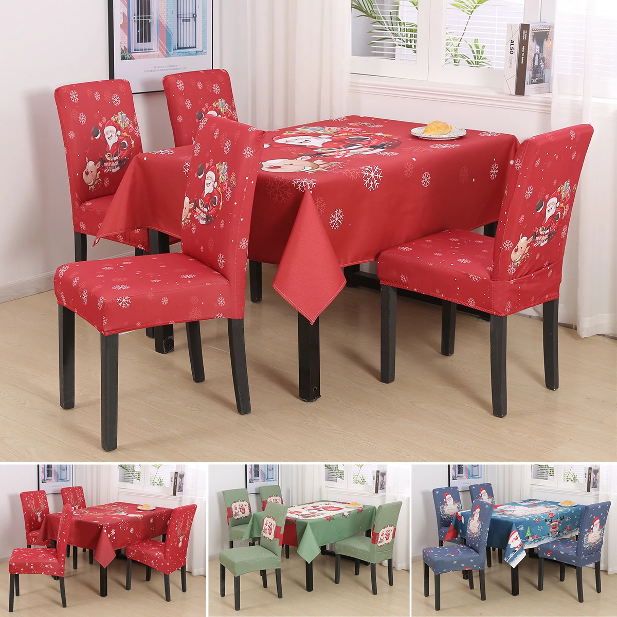 

Printed Seat Cover Chair Cover Banquet Chair Set Tablecloth Slipcover Table Cover Spandex Dining Stretch Santa Snowman Elk D30