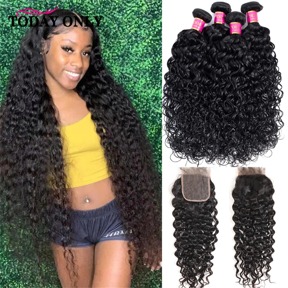 

Волна воды 3 пряди с закрытием 30 дюймов Пряди с закрытием человеческие волосы для наращивания бразильские волосы плетение пряди с закрытием