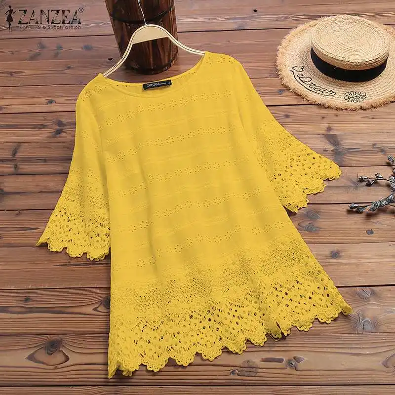 Women's Embroidery Blouse 2022 ZANZEA Elegant Lace Tops Summer Hollow Blusas Female Long Sleeve Shirts Solid Tunic Plus Size |