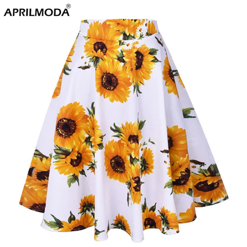 

White Sunflower Cotton Casual Midi Skirt Plus Size 50s High Waist Retro Vintage Women's Swing Pinup Skirts Beach Boho Sundress