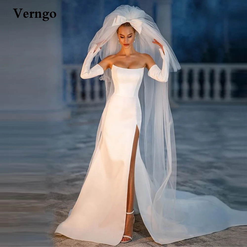 

Verngo Simple A Line Satin Wedding Dresses Long Sleeves Strapless Slit Sweep Train Bridal Gowns With Tulle Free Bowknot Veil