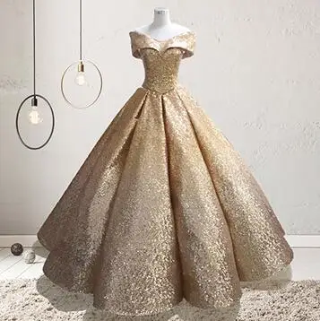 gold-light gold Блестящие градиентные пышные платья с блестками для 15 лет, маскарадные Бальные платья с открытыми плечами и v-образным вырезом, милое 16 платье - Цвет: gold-light gold