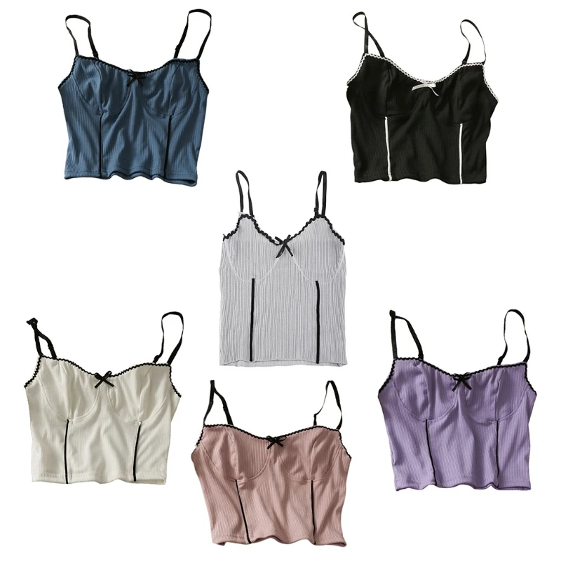 

Women Sweet Bowknot Striped Slim Camisole Sexy Deep V-Neck Spaghetti Strap Crop Top Ribbed Basic Sling Vest Underwear