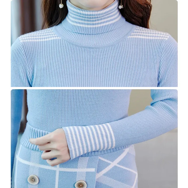 

Elegant Ladies Knitted 2 Piece Set Women Autumn Winter Fashion Turtleneck Sweater Pullover And Irregular Spliced Knit Skirt Suit