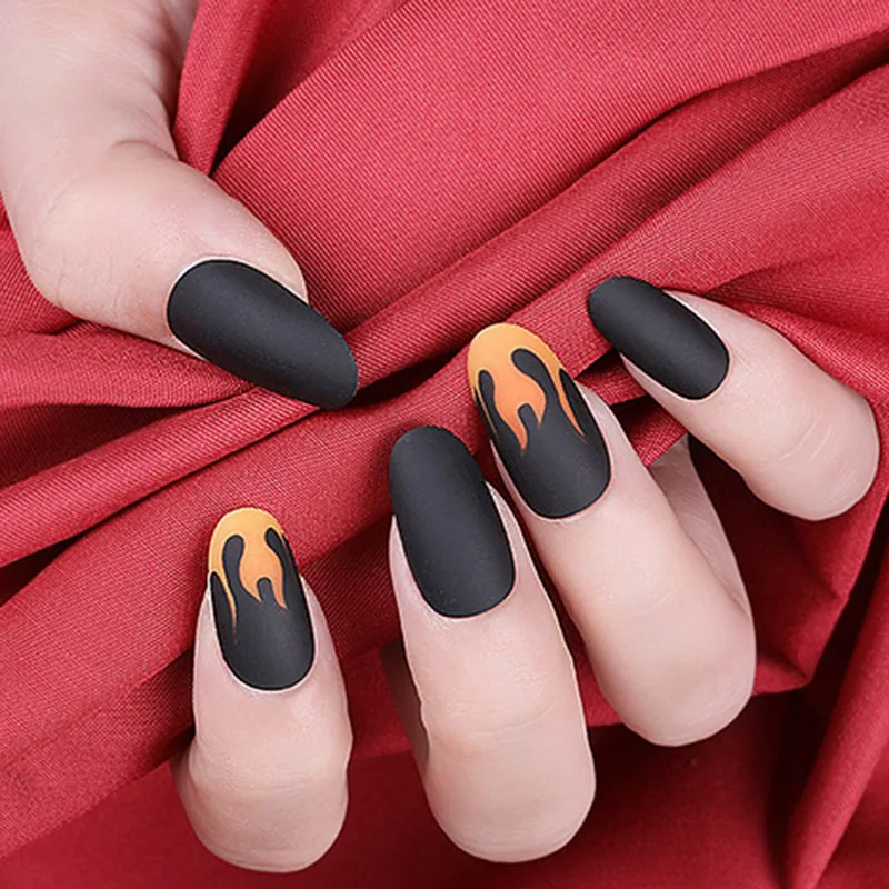 

24Pcs False Nails Black Long Coffin Flame Fake Nails Full Cover Party Acrylic Nails Art for Women and Girls