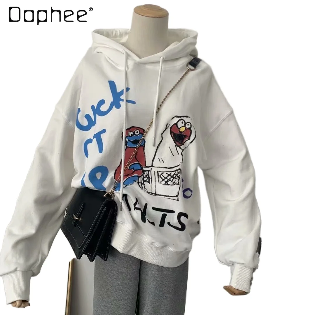 

Женский хлопковый свитшот с капюшоном, повседневный свитшот из махровой ткани с длинными рукавами и принтом в Корейском стиле алфавита, вес...