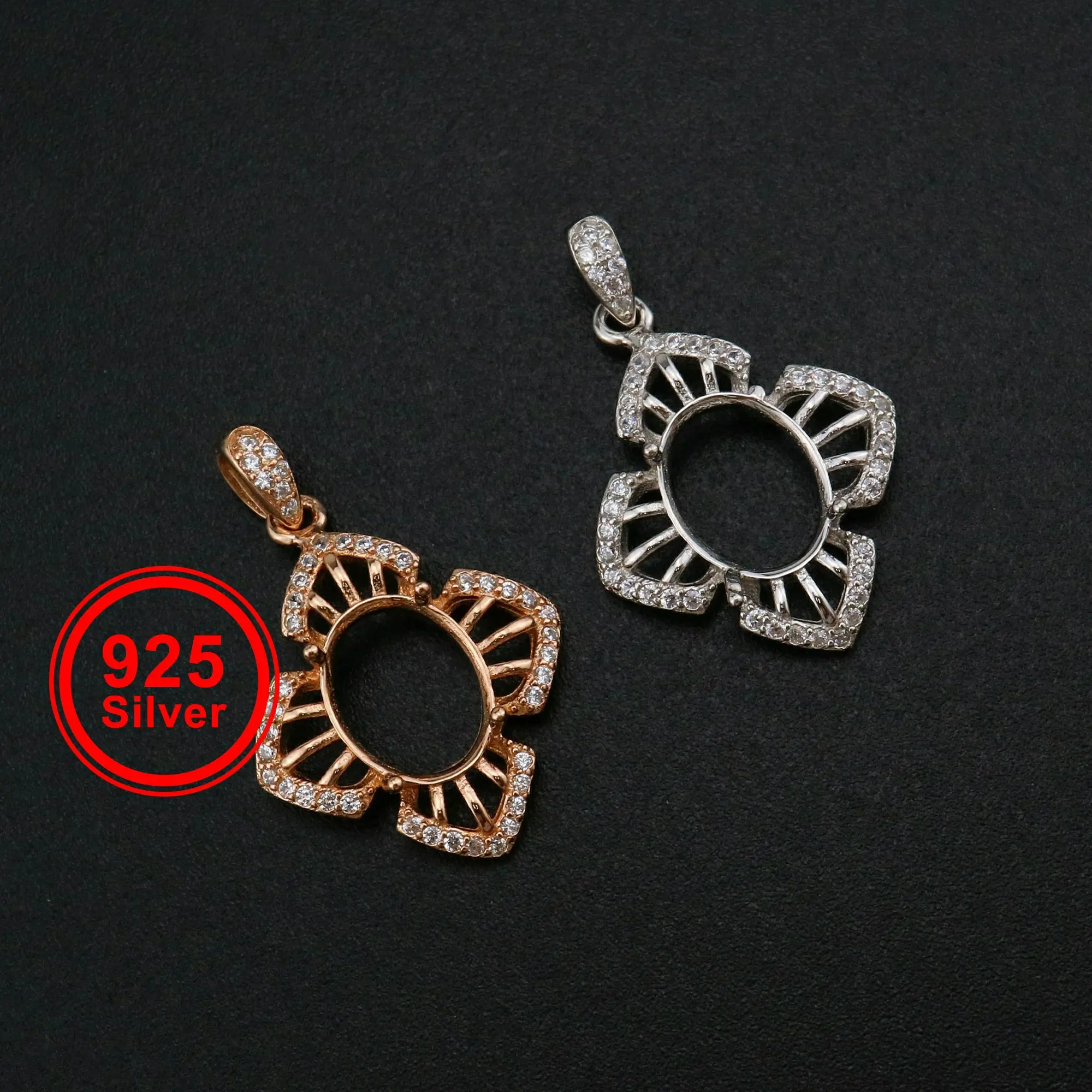 

8x10MM Oval Prong Pendant Settings Vintage Flower Rose Gold Plated Solid 925 Sterling Silver Charm Bezel for Gemstone 1421166
